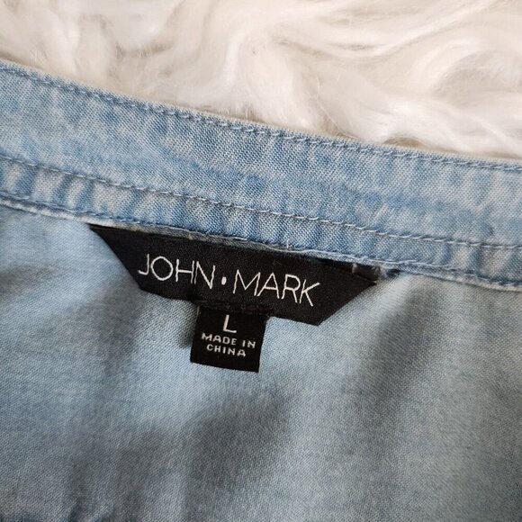 John Mark Chambray Shirt Dress Women's Large Button Up Tunic Ruffle Hem Blue - Picture 3 of 16